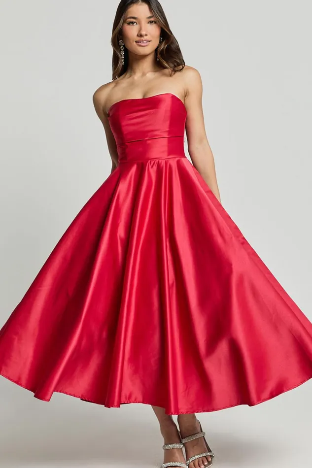 Helaina Midi Dress 8211 Strapless ALine Satin Dress In Red Women Showpo Curve Clothes