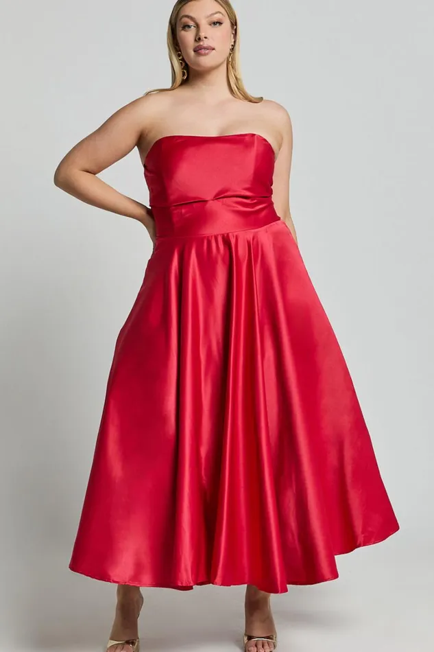 Helaina Midi Dress 8211 Strapless ALine Satin Dress In Red Women Showpo Curve Clothes