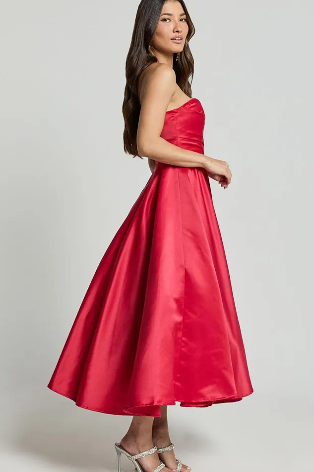 Helaina Midi Dress 8211 Strapless ALine Satin Dress In Red Women Showpo Curve Clothes