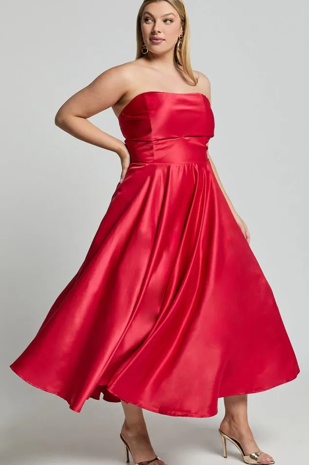 Helaina Midi Dress 8211 Strapless ALine Satin Dress In Red Women Showpo Curve Clothes