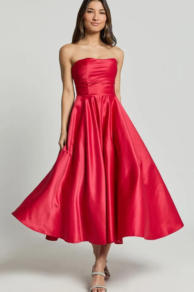 Helaina Midi Dress 8211 Strapless ALine Satin Dress In Red Women Showpo Curve Clothes