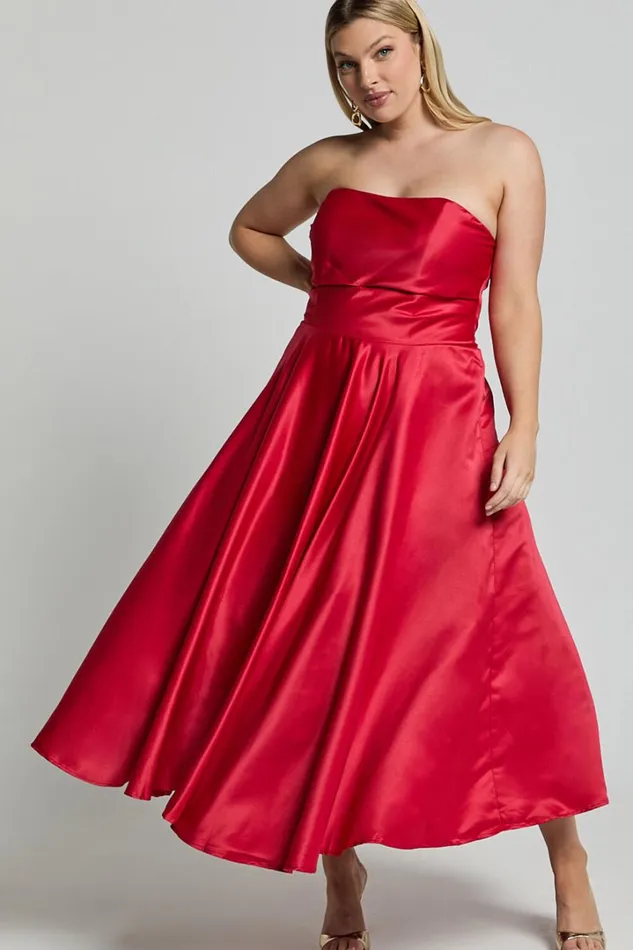 Helaina Midi Dress 8211 Strapless ALine Satin Dress In Red Women Showpo Curve Clothes