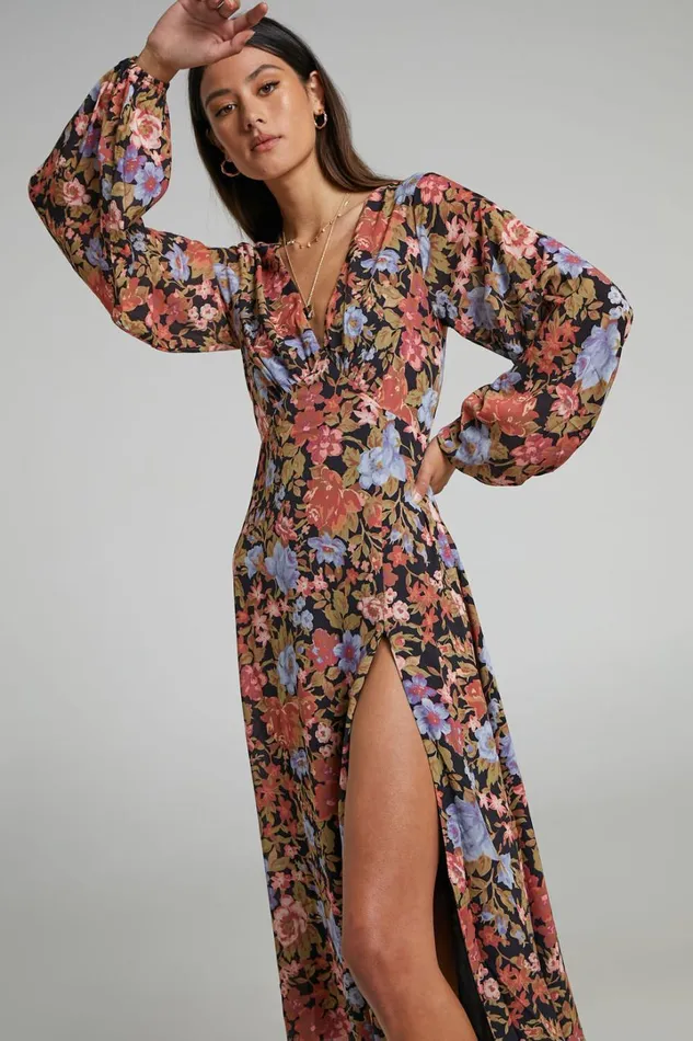 Henny Midi Dress 8211 Long Sleeve Split Dress In Dusk Floral Women Showpo Curve Clothes