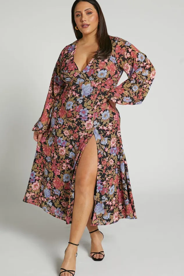 Henny Midi Dress 8211 Long Sleeve Split Dress In Dusk Floral Women Showpo Curve Clothes