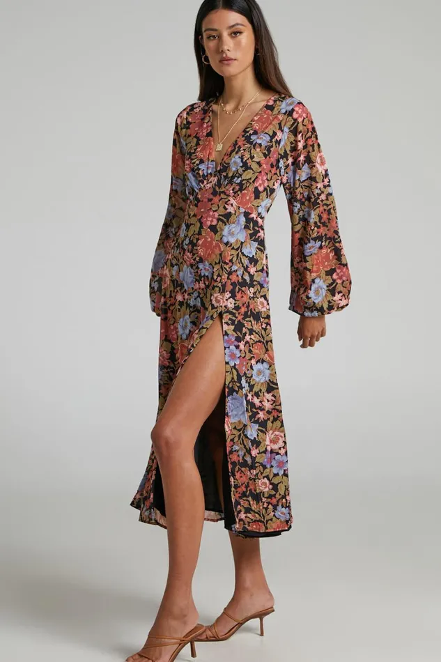 Henny Midi Dress 8211 Long Sleeve Split Dress In Dusk Floral Women Showpo Curve Clothes