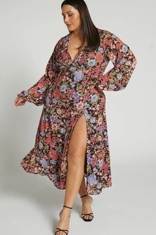 Henny Midi Dress 8211 Long Sleeve Split Dress In Dusk Floral Women Showpo Curve Clothes