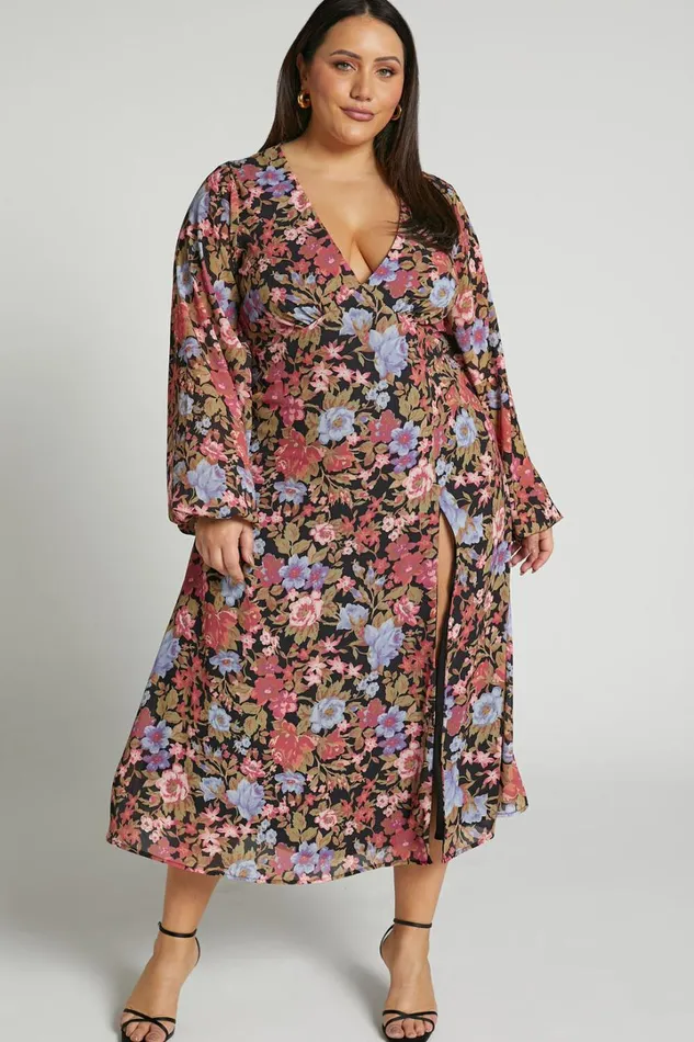 Henny Midi Dress 8211 Long Sleeve Split Dress In Dusk Floral Women Showpo Curve Clothes