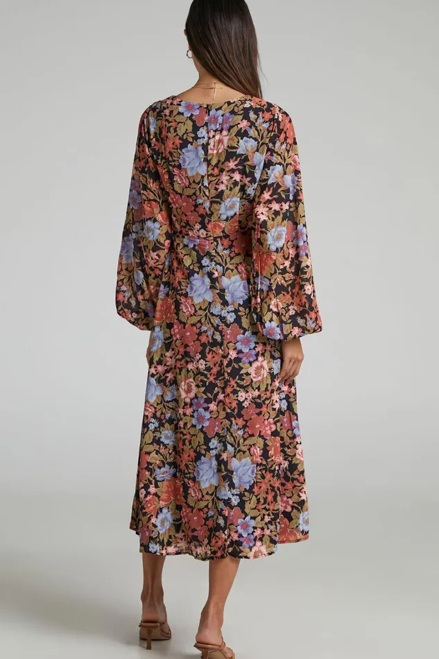 Henny Midi Dress 8211 Long Sleeve Split Dress In Dusk Floral Women Showpo Curve Clothes