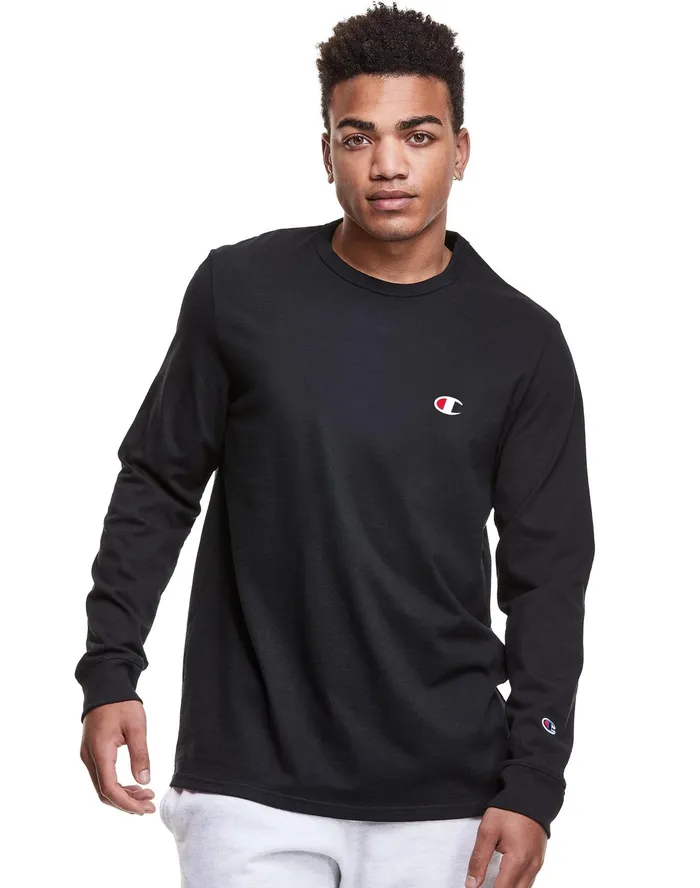 Heritage Long Sleeve Tee Embroidered C Logo Black Men Champion TShirts and Tops
