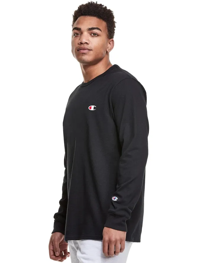 Heritage Long Sleeve Tee Embroidered C Logo Black Men Champion TShirts and Tops