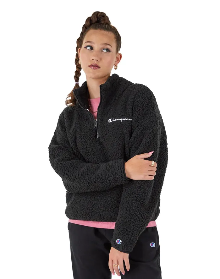 High Pile Zip Pullover Script Logo Black Women Champion Jackets