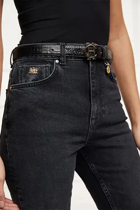 Holland Cooper Belts Women HC Classic Slim Belt Black Croc Holland Cooper Belts Women HC Classic Slim Belt Black Croc