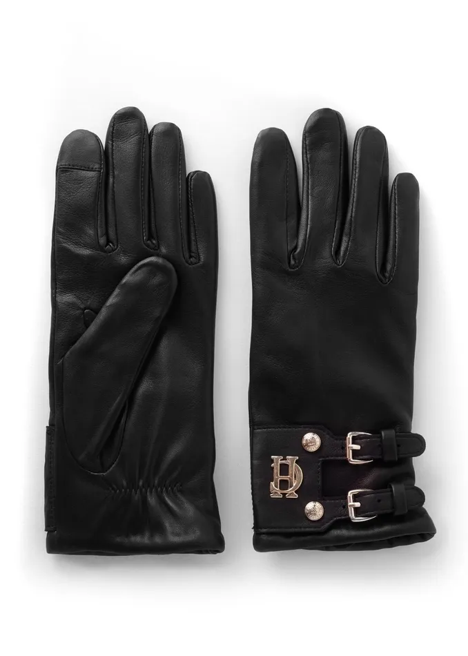 Holland Cooper Gloves Women Monogram Leather Gloves Black