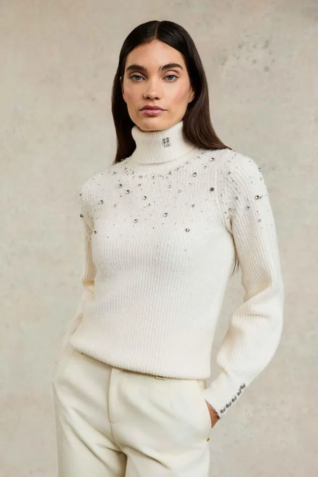 Holland Cooper Knitwear Women Kelsie Rib Embellished Roll Neck Natural