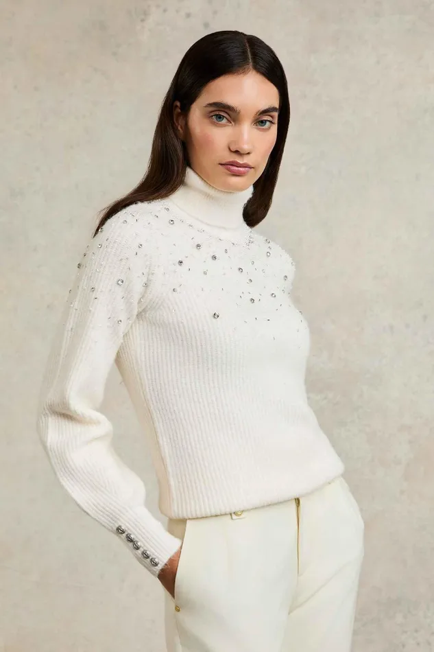 Holland Cooper Knitwear Women Kelsie Rib Embellished Roll Neck Natural Holland Cooper Knitwear Women Kelsie Rib Embellished Roll Neck Natural