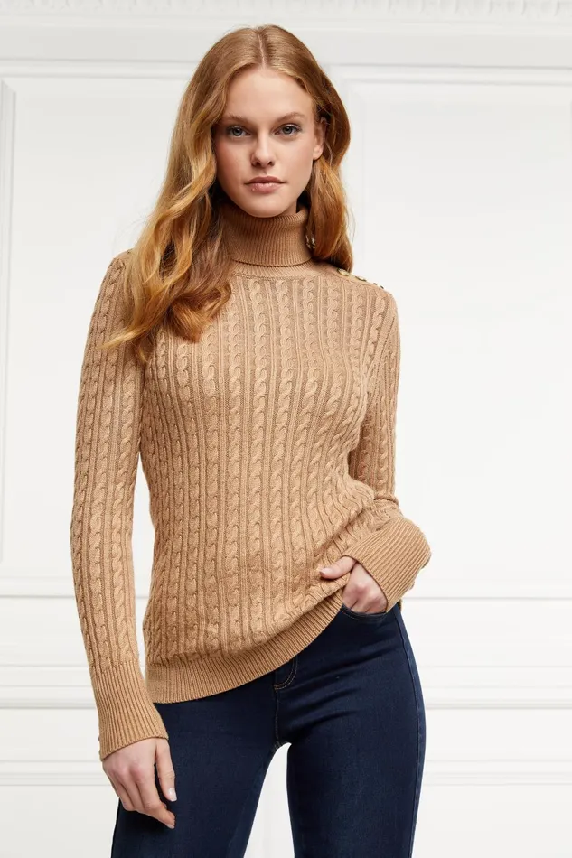 Holland Cooper Knitwear Women Seattle Roll Neck Cable Knit Dark Camel Marl