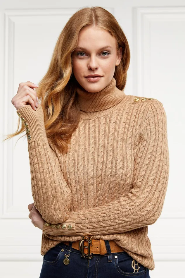 Holland Cooper Knitwear Women Seattle Roll Neck Cable Knit Dark Camel Marl Holland Cooper Knitwear Women Seattle Roll Neck Cable Knit Dark Camel Marl