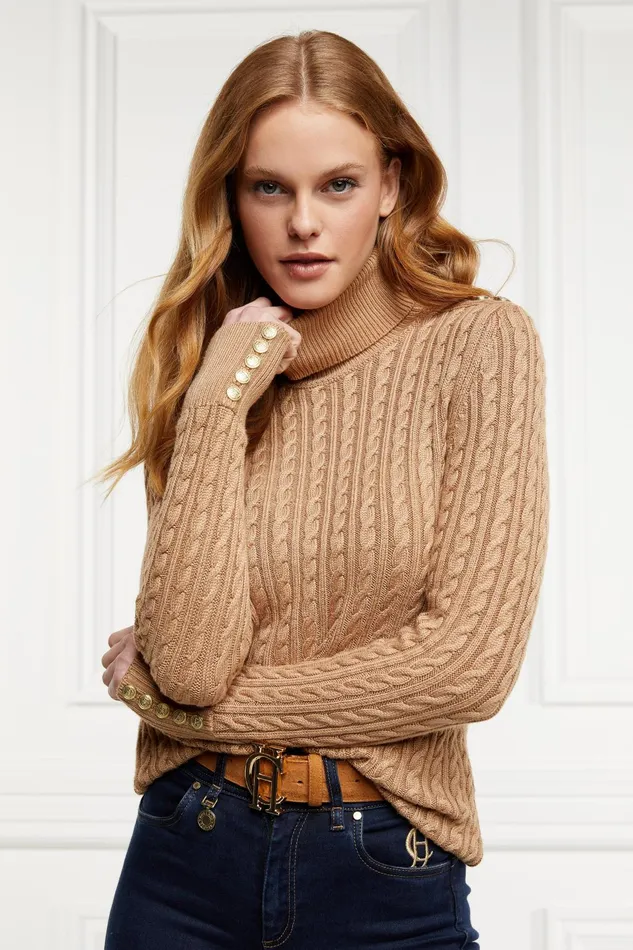 Holland Cooper Knitwear Women Seattle Roll Neck Cable Knit Dark Camel Marl Holland Cooper Knitwear Women Seattle Roll Neck Cable Knit Dark Camel Marl
