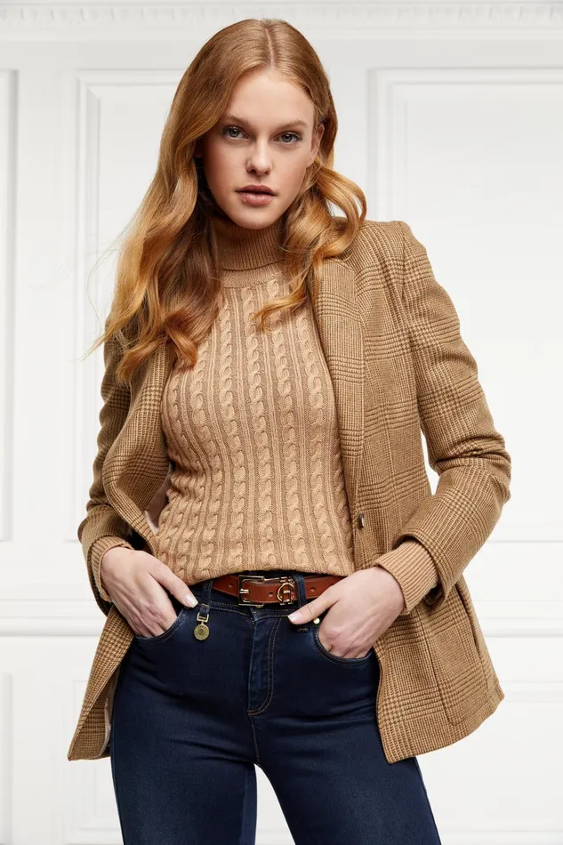 Holland Cooper Knitwear Women Seattle Roll Neck Cable Knit Dark Camel Marl Holland Cooper Knitwear Women Seattle Roll Neck Cable Knit Dark Camel Marl