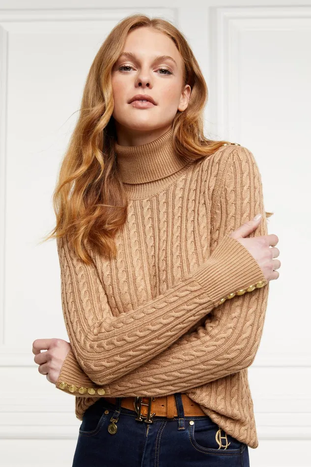 Holland Cooper Knitwear Women Seattle Roll Neck Cable Knit Dark Camel Marl Holland Cooper Knitwear Women Seattle Roll Neck Cable Knit Dark Camel Marl