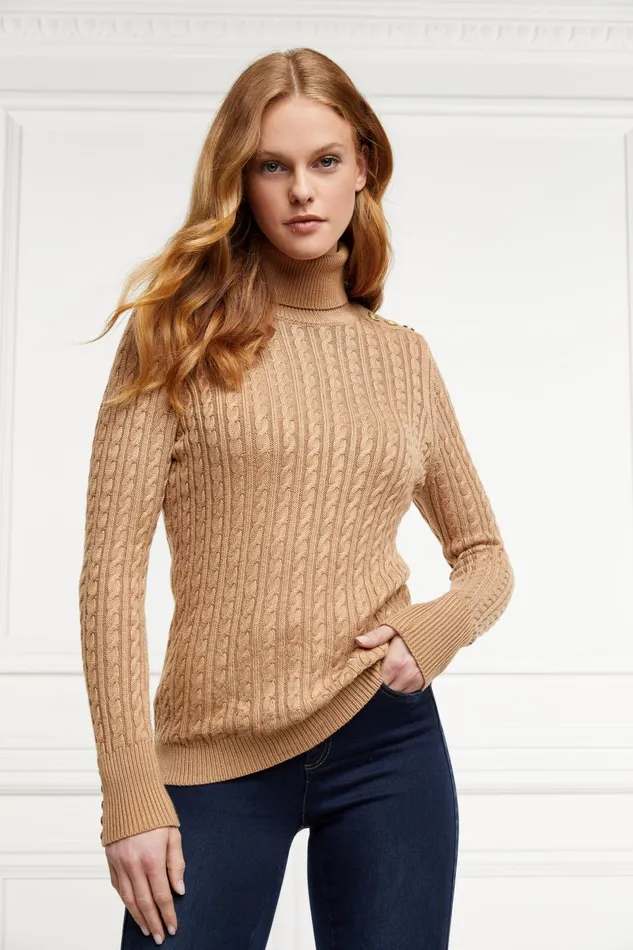 Holland Cooper Knitwear Women Seattle Roll Neck Cable Knit Dark Camel Marl Holland Cooper Knitwear Women Seattle Roll Neck Cable Knit Dark Camel Marl