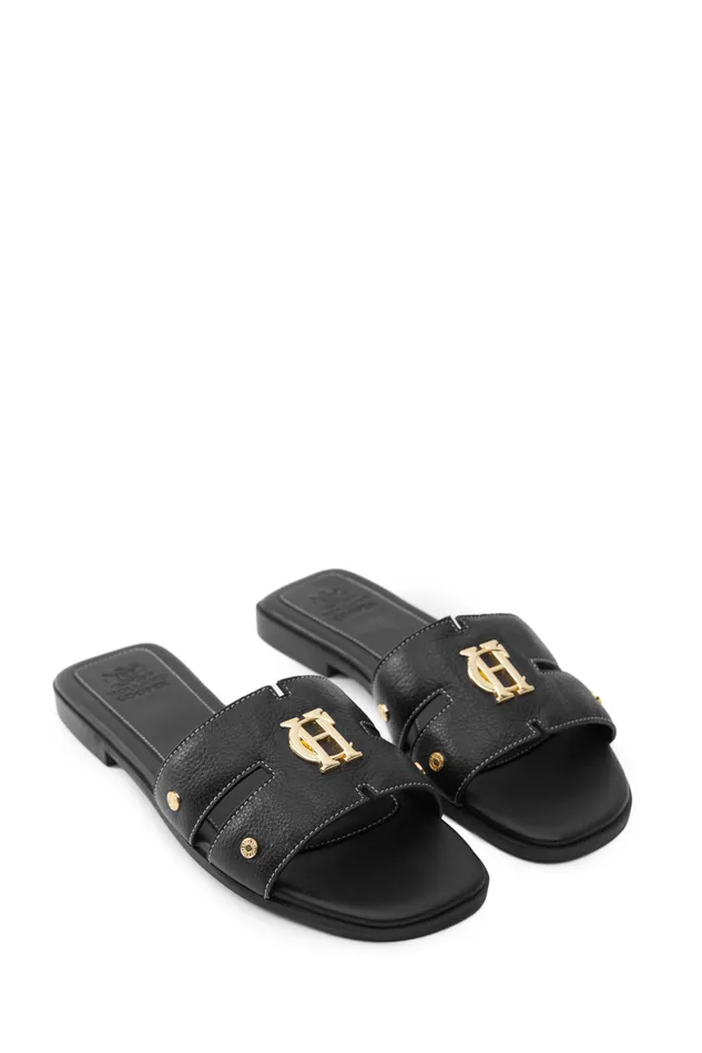 Holland Cooper Sandals and Slides Women Monogram Slides Black Leather Holland Cooper Sandals and Slides Women Monogram Slides Black Leather