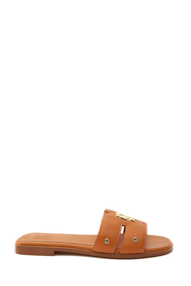 Holland Cooper Sandals and Slides Women Monogram Slides Tan Leather