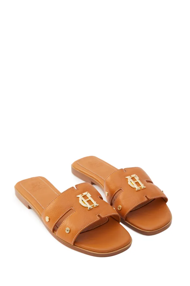 Holland Cooper Sandals and Slides Women Monogram Slides Tan Leather