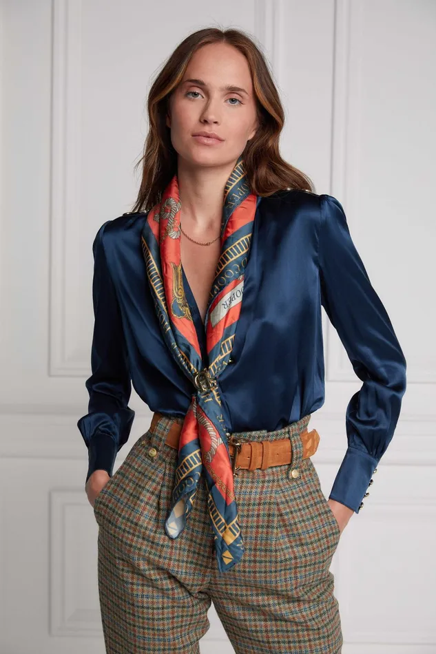 Holland Cooper Scarves Women Regal Horse Silk Scarf Ink Navy Neroli