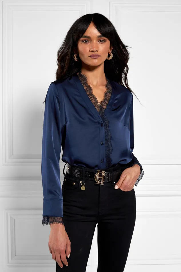 Holland Cooper Shirts and Blouses Women Lace VNeck Blouse Ink Navy