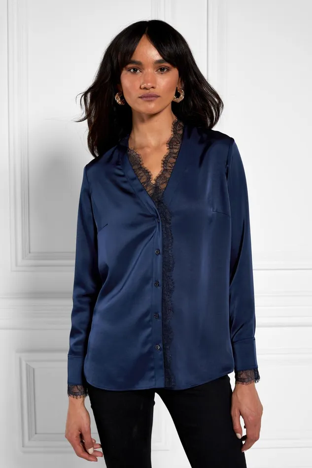 Holland Cooper Shirts and Blouses Women Lace VNeck Blouse Ink Navy Holland Cooper Shirts and Blouses Women Lace VNeck Blouse Ink Navy