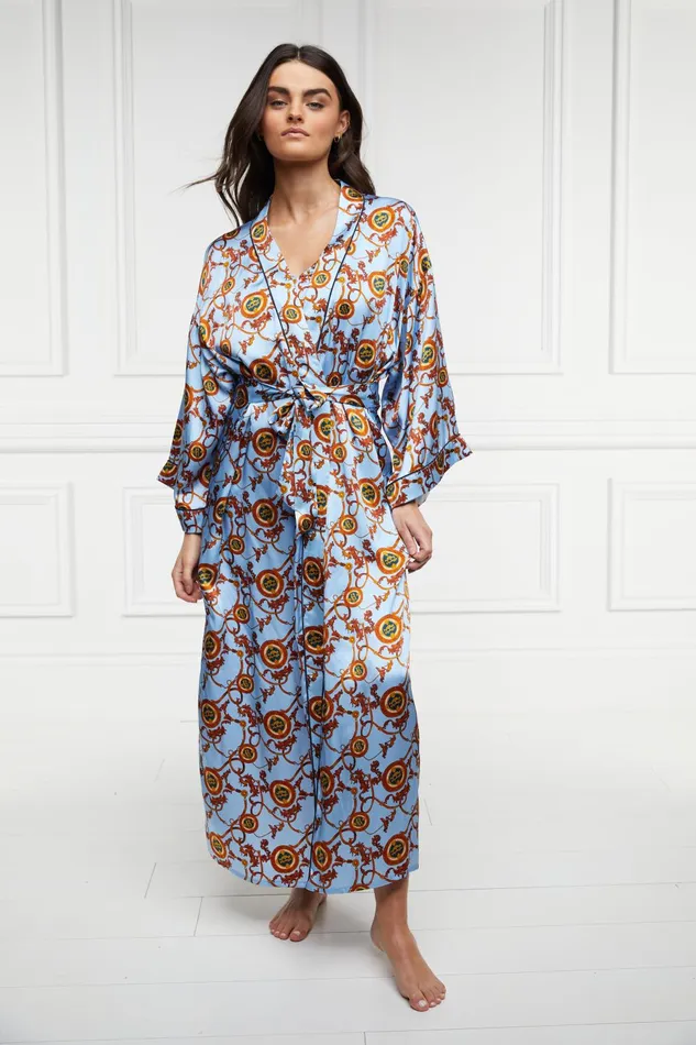 Holland Cooper Sleepwear Women Silk Full Length Dressing Gown Sky Blue Holland Cooper Sleepwear Women Silk Full Length Dressing Gown Sky Blue