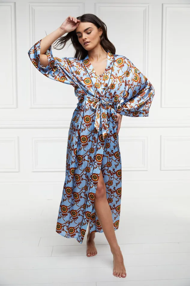 Holland Cooper Sleepwear Women Silk Full Length Dressing Gown Sky Blue Holland Cooper Sleepwear Women Silk Full Length Dressing Gown Sky Blue