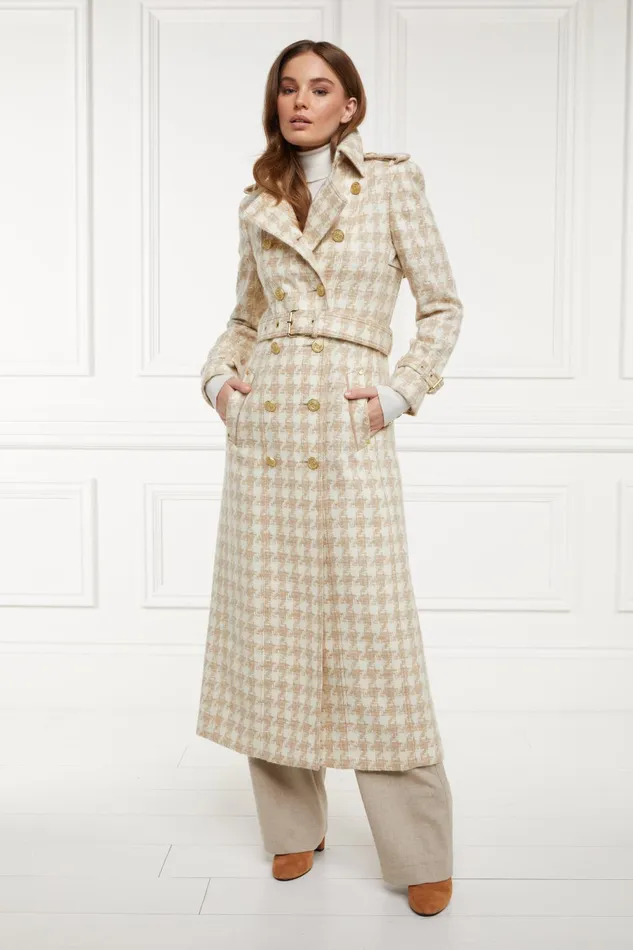 Holland Cooper Tailoring Women Full Length Marlborough Trench Coat Camel Houndstooth