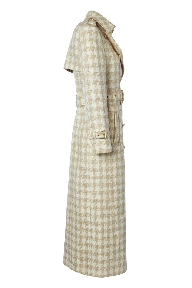 Holland Cooper Tailoring Women Full Length Marlborough Trench Coat Camel Houndstooth