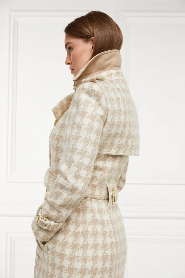 Holland Cooper Tailoring Women Full Length Marlborough Trench Coat Camel Houndstooth