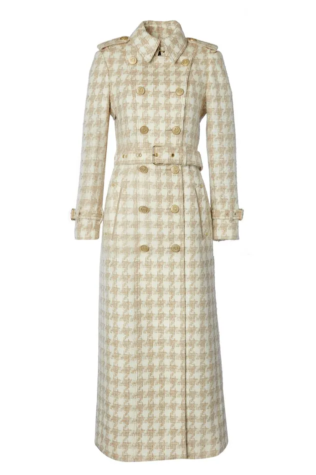 Holland Cooper Tailoring Women Full Length Marlborough Trench Coat Camel Houndstooth