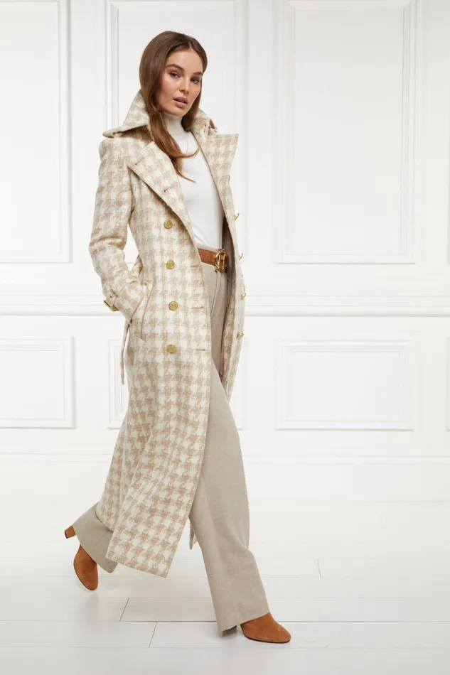 Holland Cooper Tailoring Women Full Length Marlborough Trench Coat Camel Houndstooth