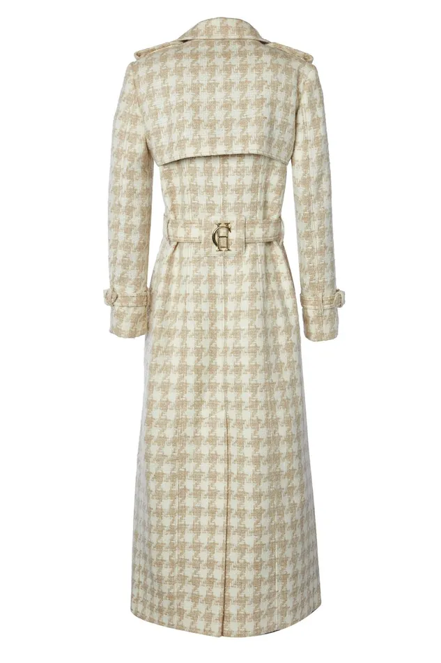 Holland Cooper Tailoring Women Full Length Marlborough Trench Coat Camel Houndstooth