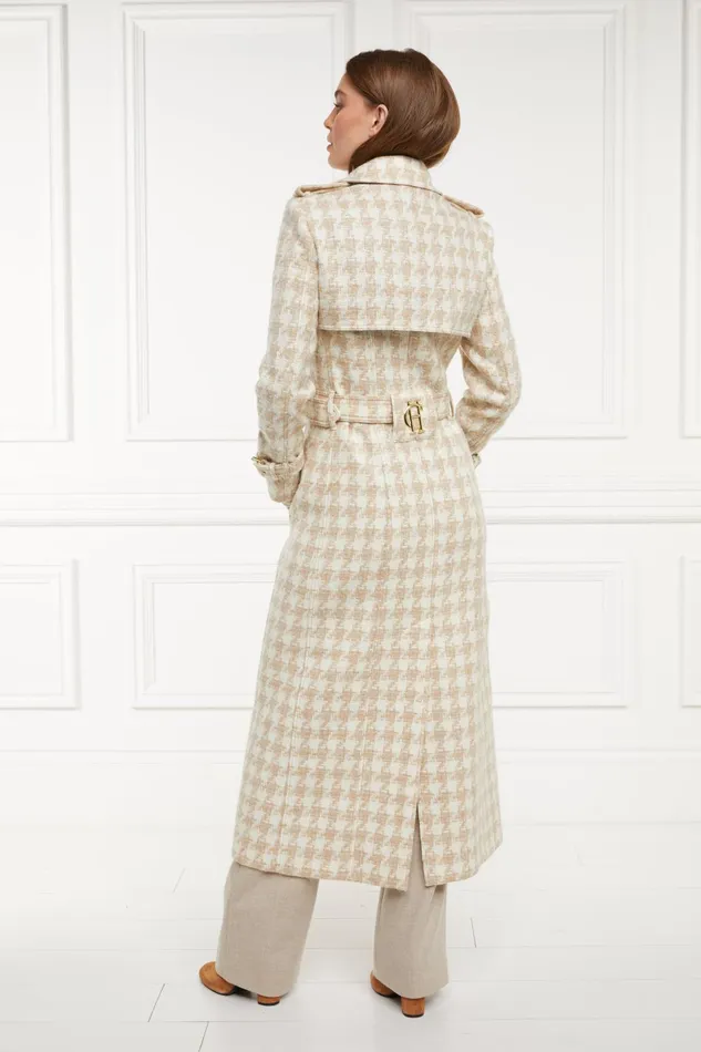 Holland Cooper Tailoring Women Full Length Marlborough Trench Coat Camel Houndstooth