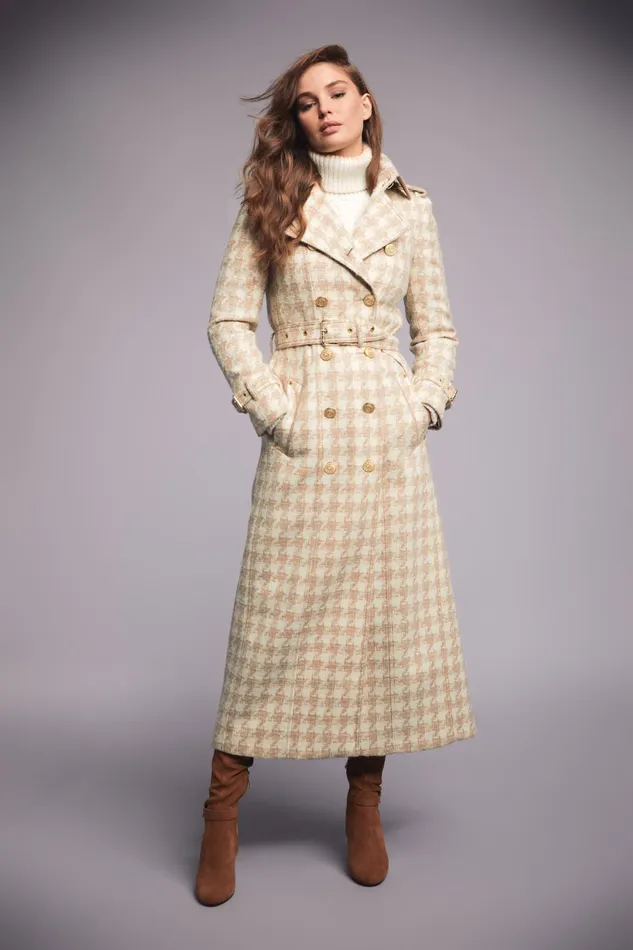 Holland Cooper Tailoring Women Full Length Marlborough Trench Coat Camel Houndstooth