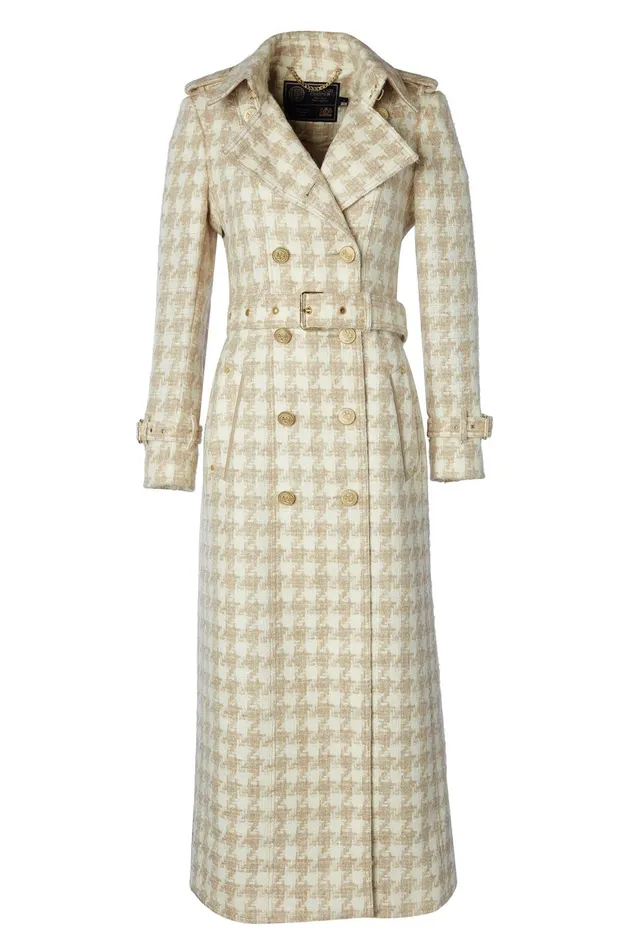 Holland Cooper Tailoring Women Full Length Marlborough Trench Coat Camel Houndstooth
