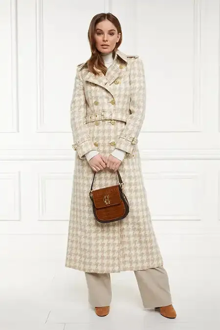 Holland Cooper Tailoring Women Full Length Marlborough Trench Coat Camel Houndstooth