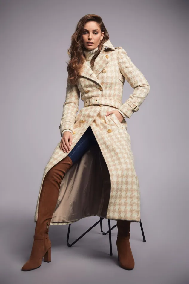 Holland Cooper Tailoring Women Full Length Marlborough Trench Coat Camel Houndstooth