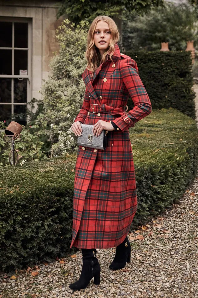 Holland Cooper Tailoring Women Full Length Marlborough Trench Coat Red Tartan