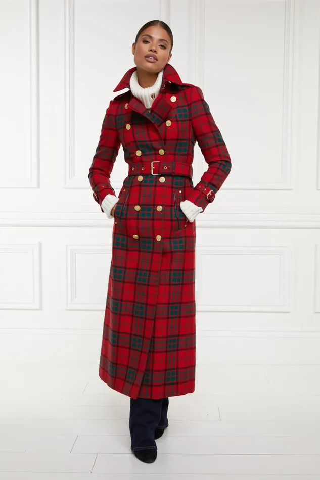 Holland Cooper Tailoring Women Full Length Marlborough Trench Coat Red Tartan