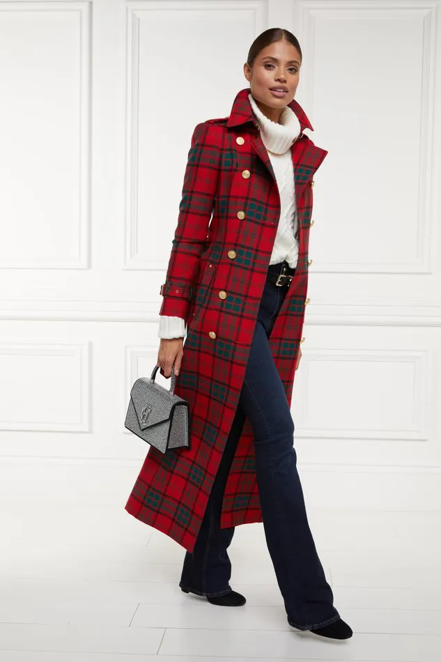 Holland Cooper Tailoring Women Full Length Marlborough Trench Coat Red Tartan