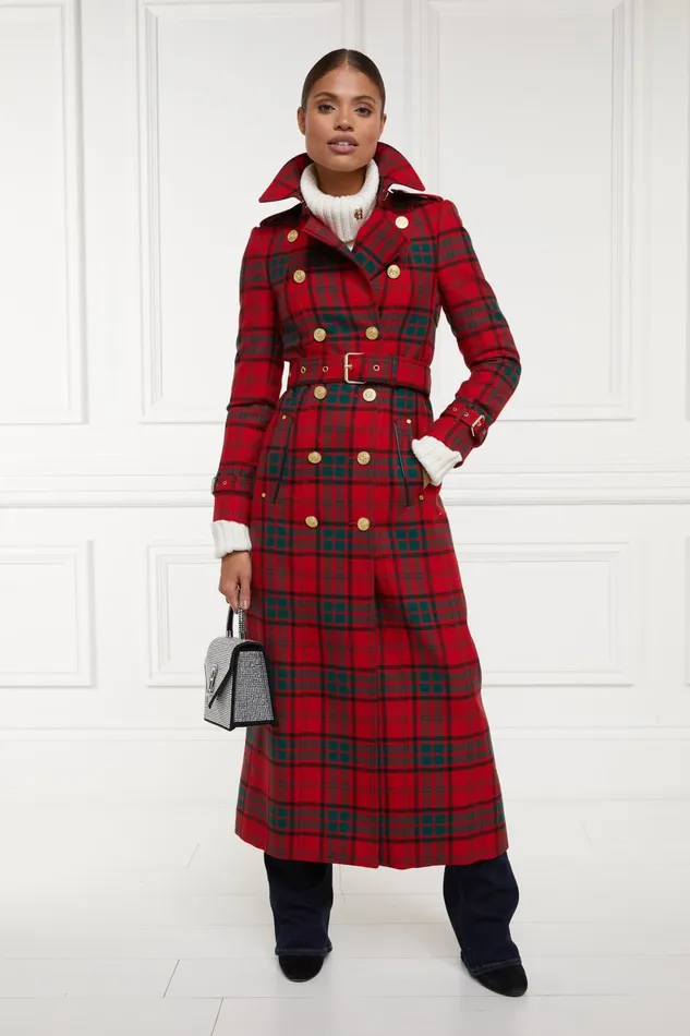 Holland Cooper Tailoring Women Full Length Marlborough Trench Coat Red Tartan