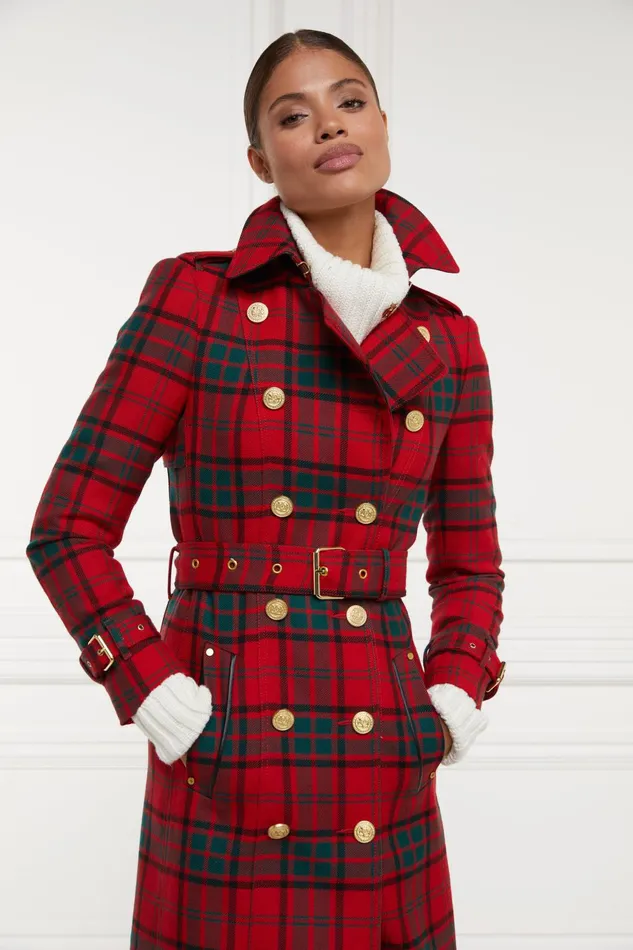 Holland Cooper Tailoring Women Full Length Marlborough Trench Coat Red Tartan