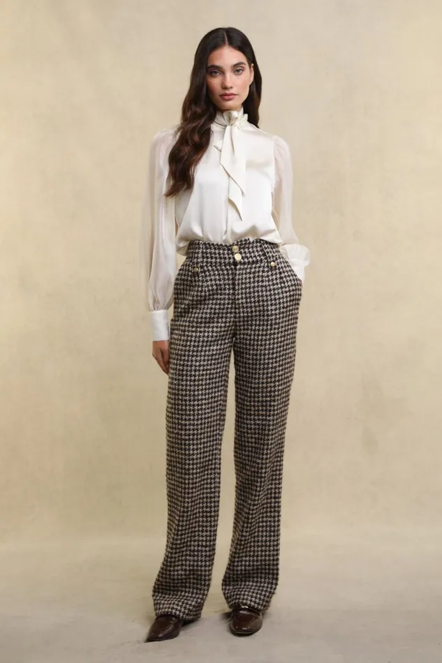 Holland Cooper Tailoring Women High Waisted Straight Trouser Coffee Houndstooth